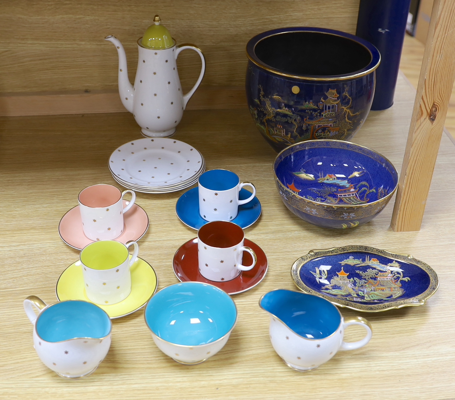A Carlton ware powder blue jardiniere, similar bowl and oval dish with Oriental design together with a Susie Cooper part tea and coffee set, largest 19cm high